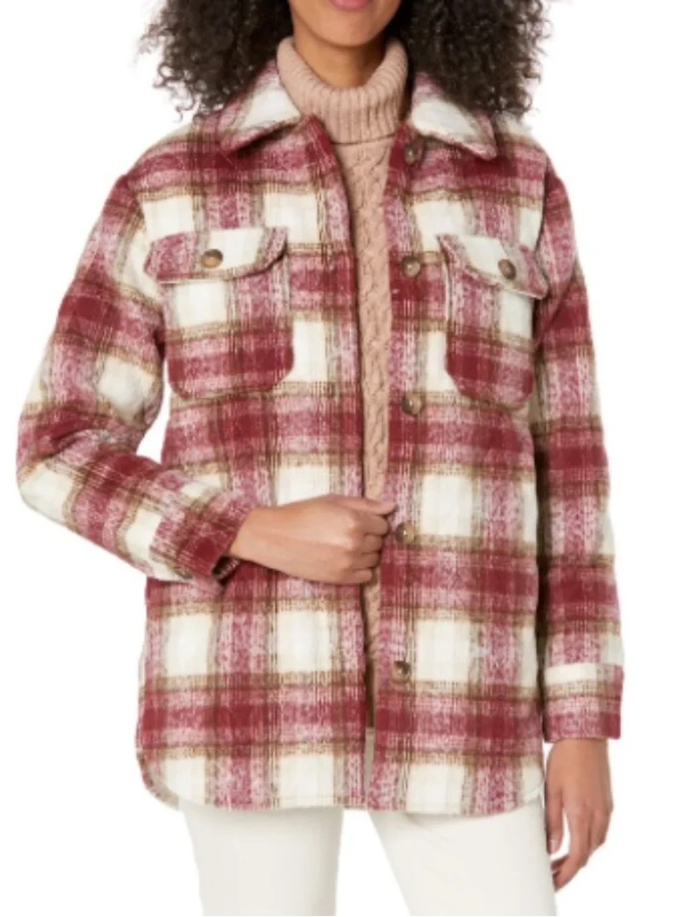 BB Dakota Quilt To Win Plaid Shacket Jacket in Red and Cream